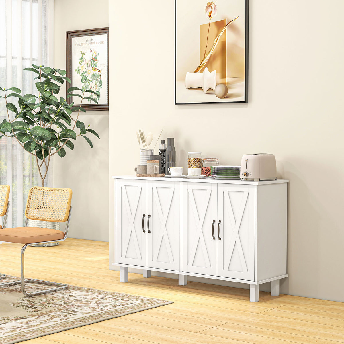 Meuble de rangement buffet bas 4 portes avec étagères réglables en hauteur style campagne longueur 120 cm blanc-1