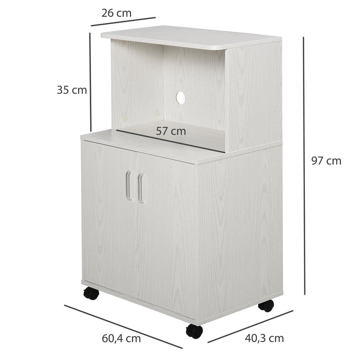 Chariot desserte micro-ondes placard 2 portes - dim. 60,4L x 40,3l x 97H cm - blanc-2