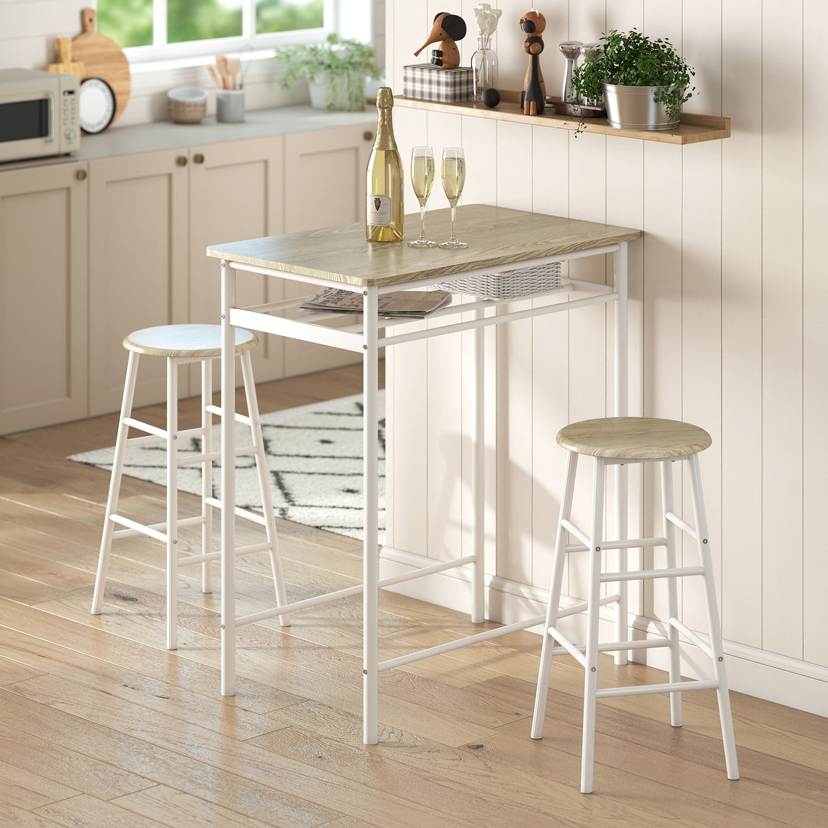 Ensemble table de bar avec tabourets, table à manger debout avec 2 chaises, étagère et pieds en métal, 80x50x90cm, blanc-1
