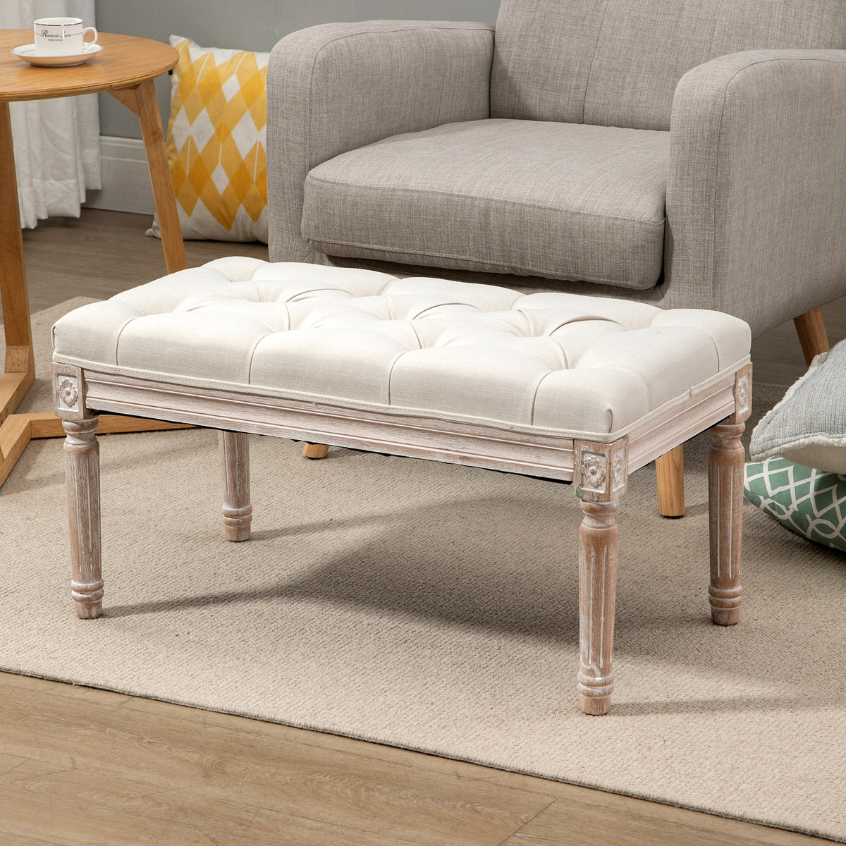 Banc Banquette classique capitonné 80cm bout de lit Rembourrée en lin - bois d'hévéa sculpté, patiné - Crème-7