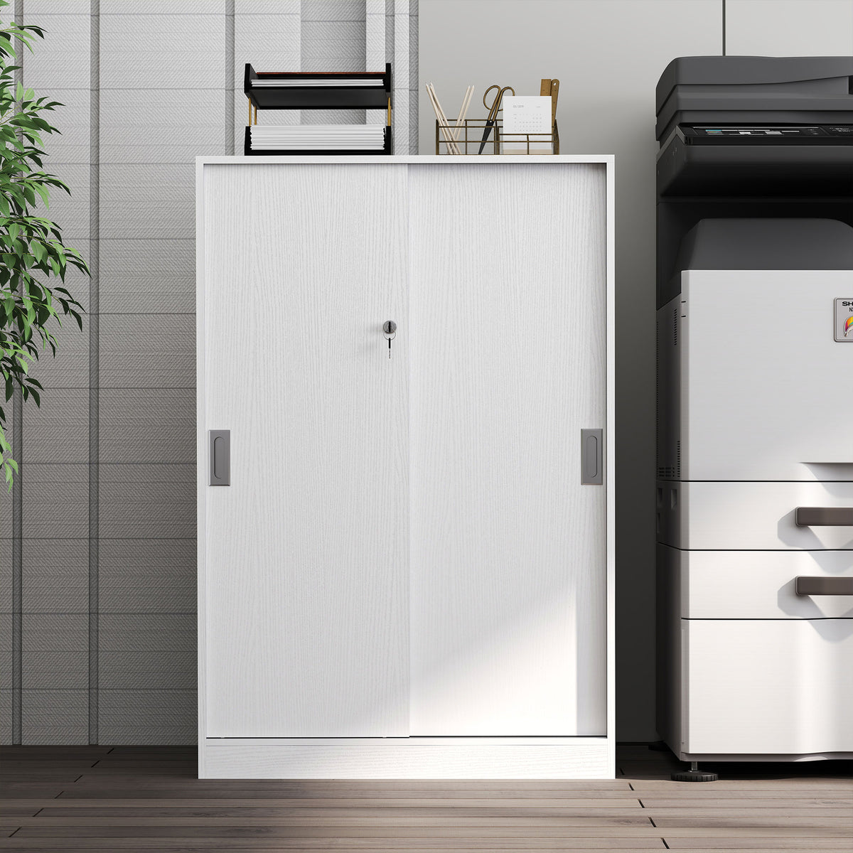 Armoire de Bureau 2 Portes coulissantes verrouillables dim. 80L x 40l x 120H cm 2 étagères en Bois Blanc-6