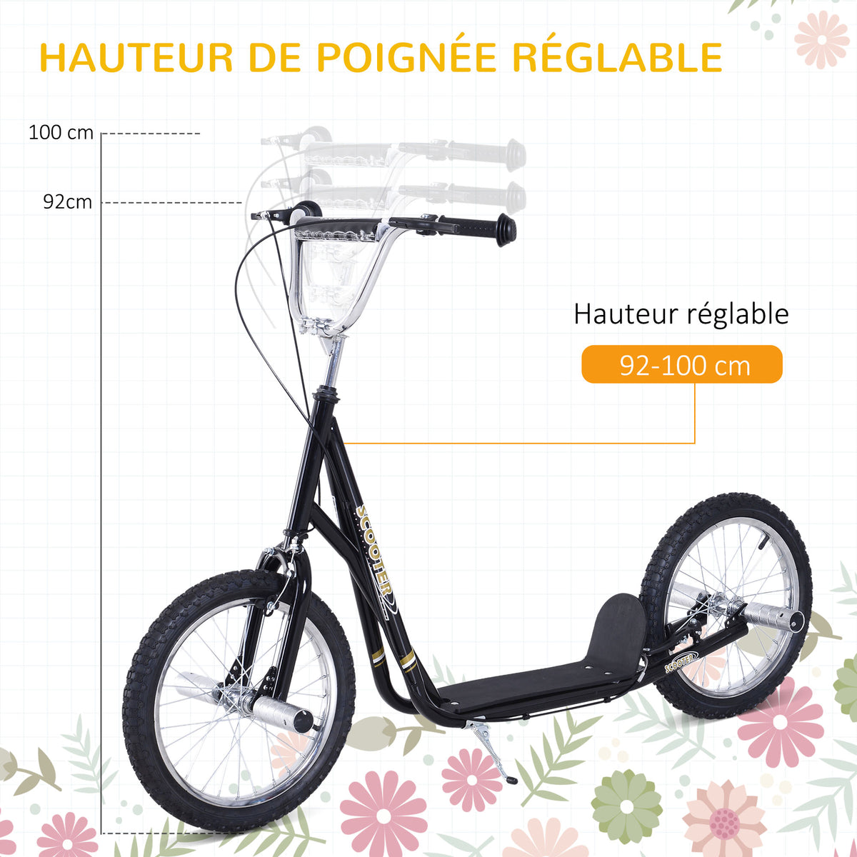 Trottinette patinette Grandes Roues pneumatiques Ø 41 cm Hauteur Guidon réglable béquille pegs Inclus Acier Noir-3