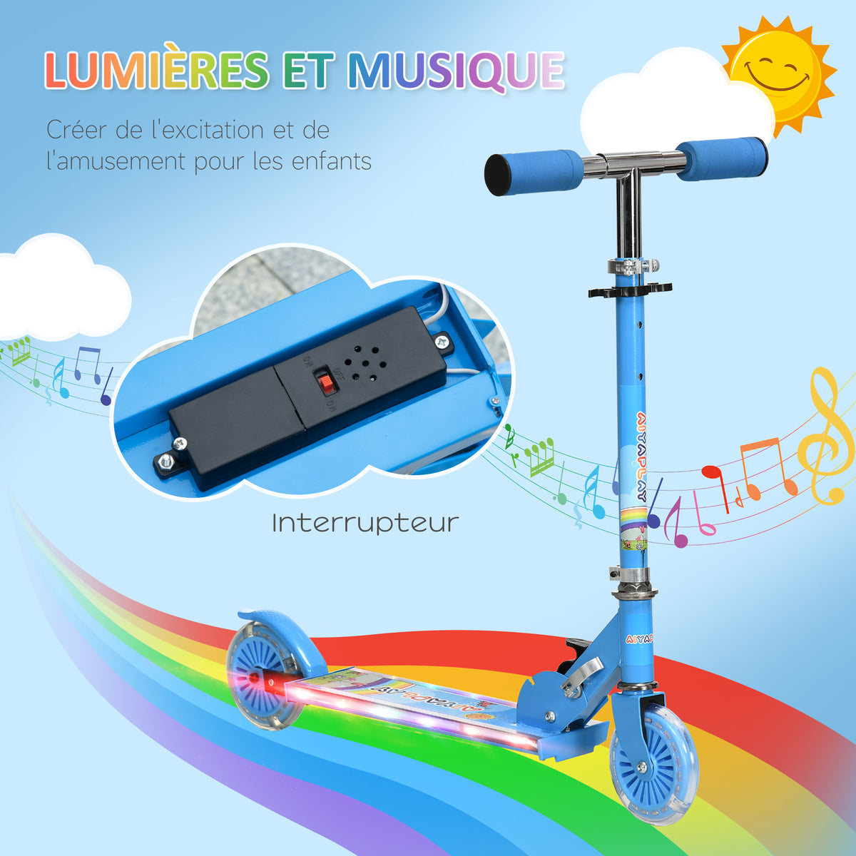 Trottinette pour enfants de 3 à 7 ans pliable roues lumineuses en PU musique 67 x 32 x 78 cm bleu-3