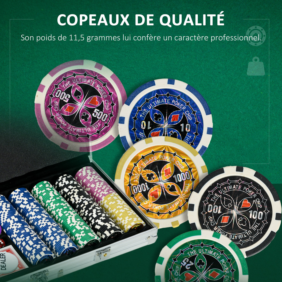 Mallette de Poker Coffret de Poker Complet avec 500 jetons 5 dés 2 Jeux de Cartes 3 boutons 1 Tapis en Feutre-4