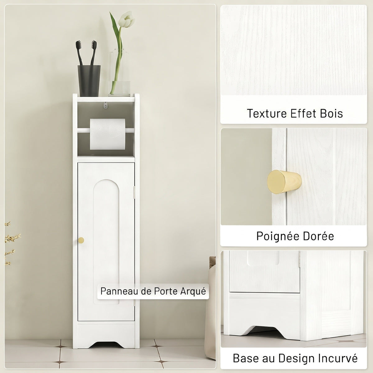 Meuble salle de bain meuble toilettes WC rangement étroit avec étagère réglable gain de place pour petits espaces blanc-6