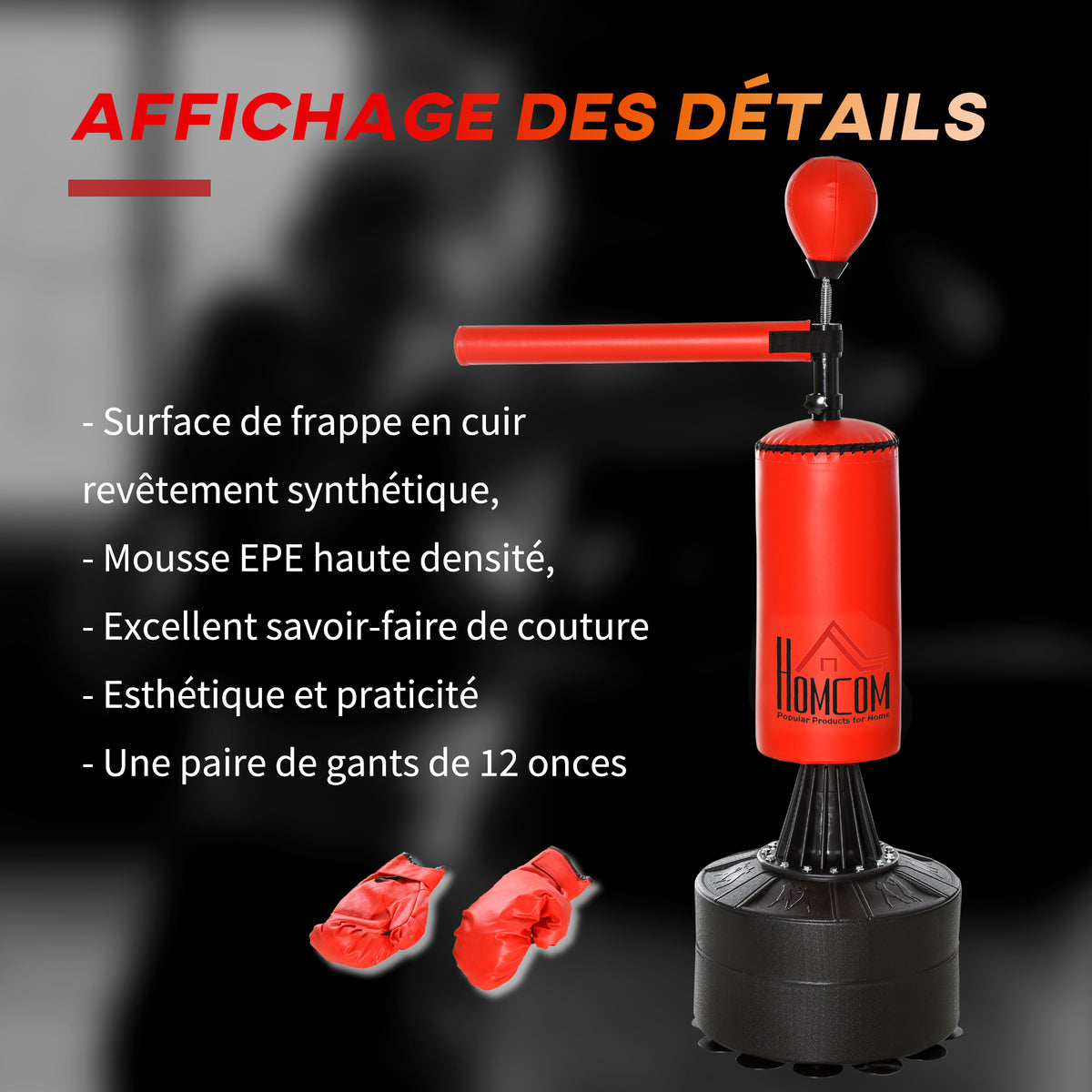Sac frappe pieds punching ball brunier 3 1 ballon vitesse bras flexible rotatif haut. réglable cm noir rouge-4