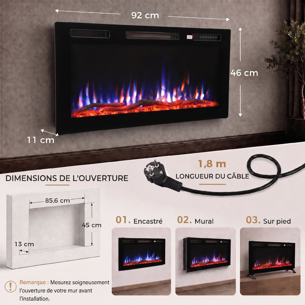 Cheminée Électrique Encastrable Murale ou à Poser 3 en 1 Cheminée Décorative Extra-Plat 900W/1800W Effet Flamme 3D Noir-2