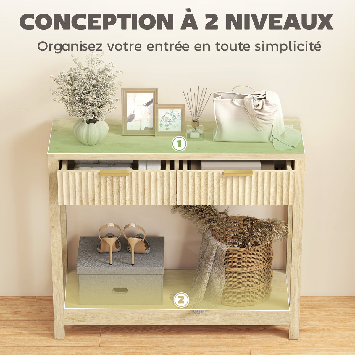 Console meuble 90 cm, table console étroite avec 2 tiroirs rainurés et étagère, style moderne, bois naturel-3