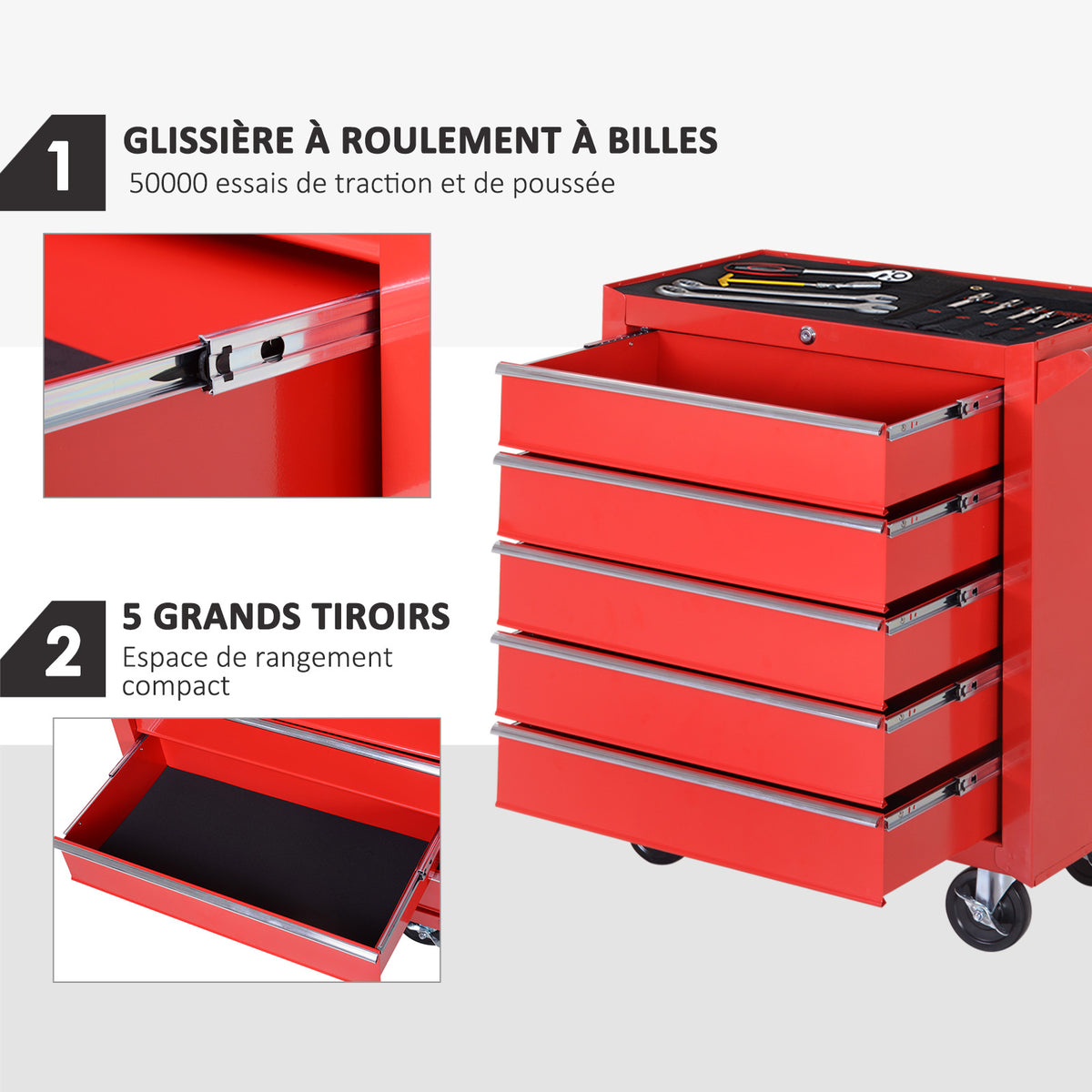 Chariot à outils sur roulettes pour atelier avec 5 tiroirs verrouillable 2 clés acier 69 x 33 x 75 cm rouge-3