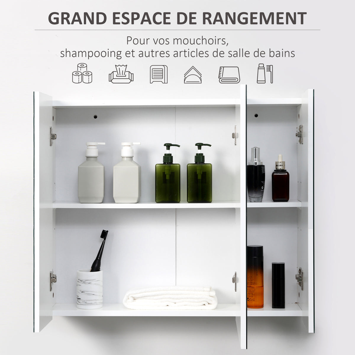 Armoire murale de salle de bain avec 3 portes miroir et étagères réglables en MDF Blanc dim. 70L x 15l x 60H cm-4