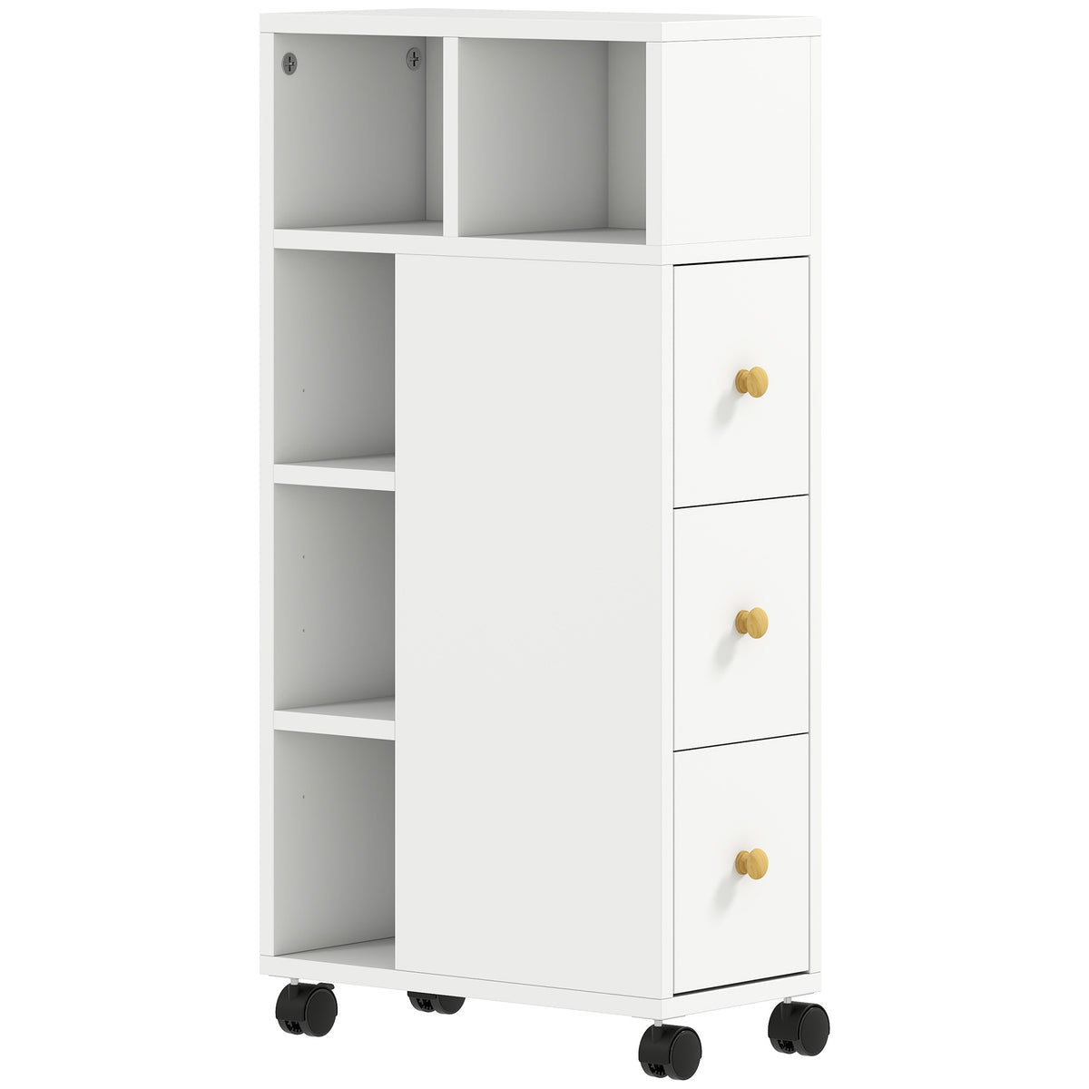 Meuble de salle de bain à roulettes, meuble de rangement étroit, 3 tiroirs, 5 compartiments ouverts, 20x40x80cm, blanc-0