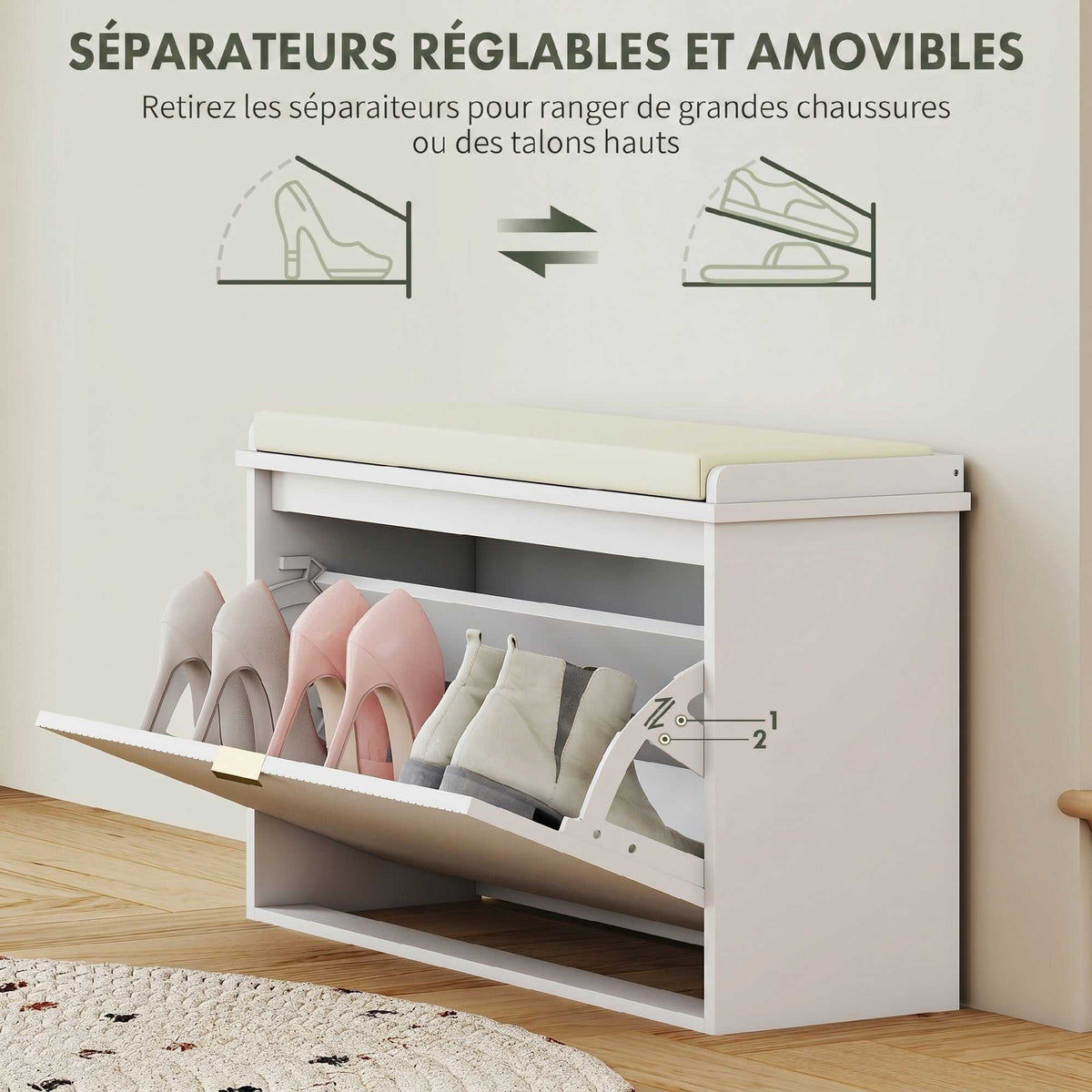 Banc à chaussures avec coussin d'assise rembourré et tiroir rabattable pour couloir, chambre, 80 x 26 x 47,5 cm, blanc-5