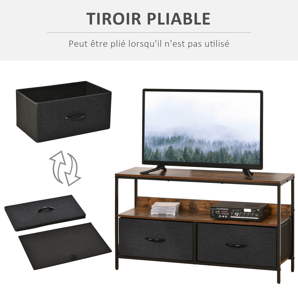 Meuble TV Bas sur Pieds Style Industriel 2 tiroirs en Tissu Gris MDF Brun Rustique et métal Noir-3