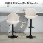 Lot de 2 tabourets de bar forme de coquillage, dossier, hauteur réglable et repose-pieds, cadre en acier, beige-4