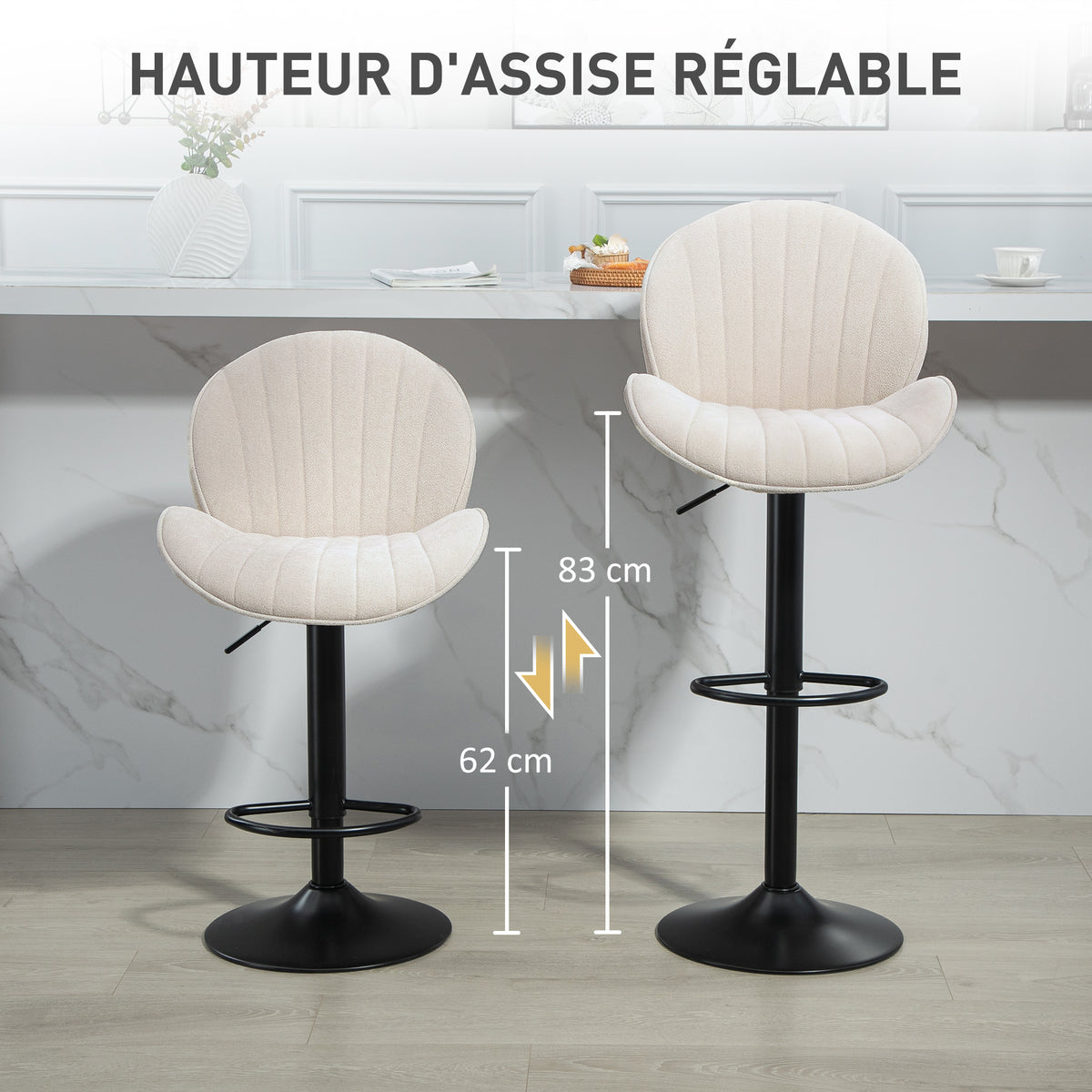 Lot de 2 tabourets de bar forme de coquillage, dossier, hauteur réglable et repose-pieds, cadre en acier, beige-4