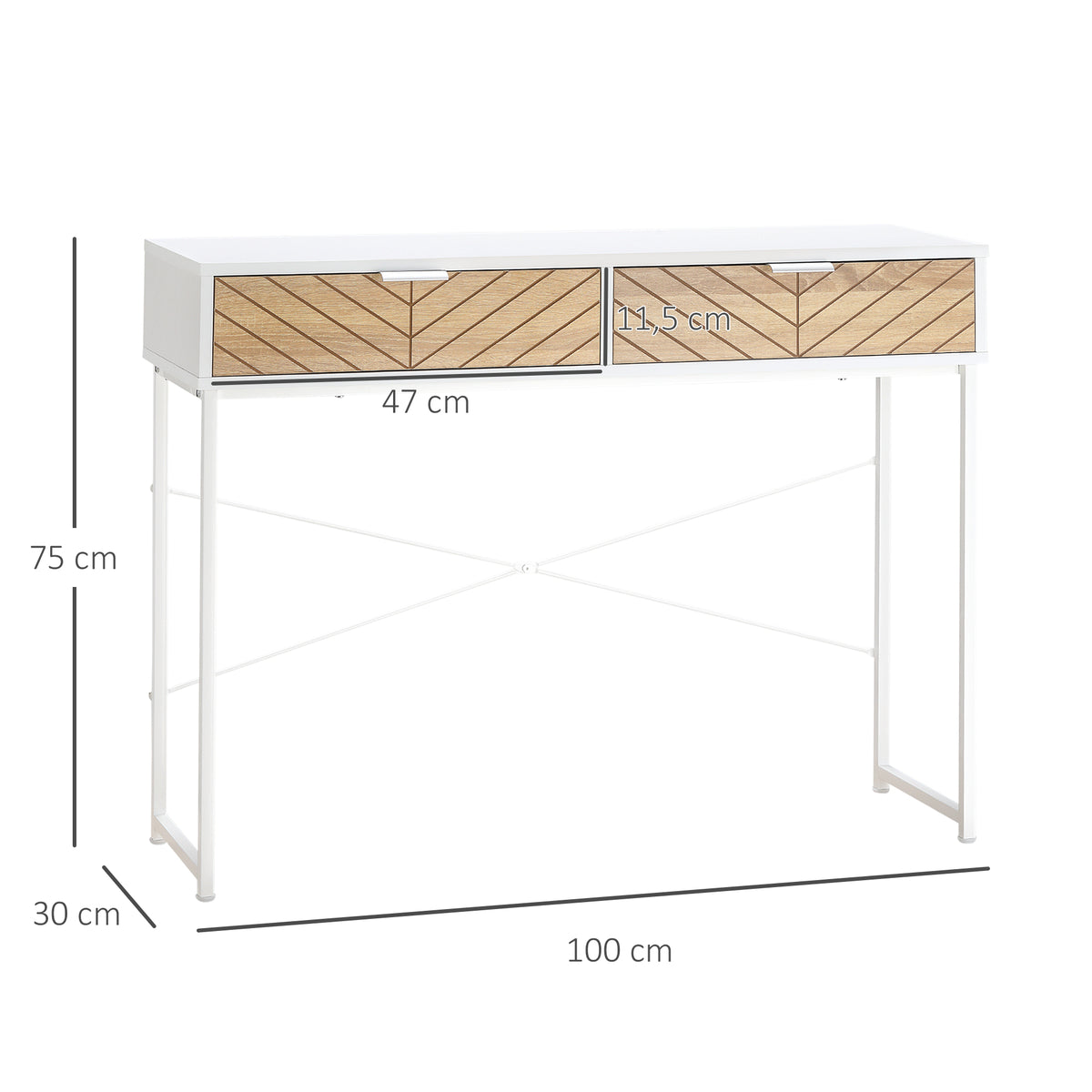 Table Console Industriel 2 tiroirs Aspect Bois de chêne sculpté Motif à Chevrons piètement métal Blanc-2