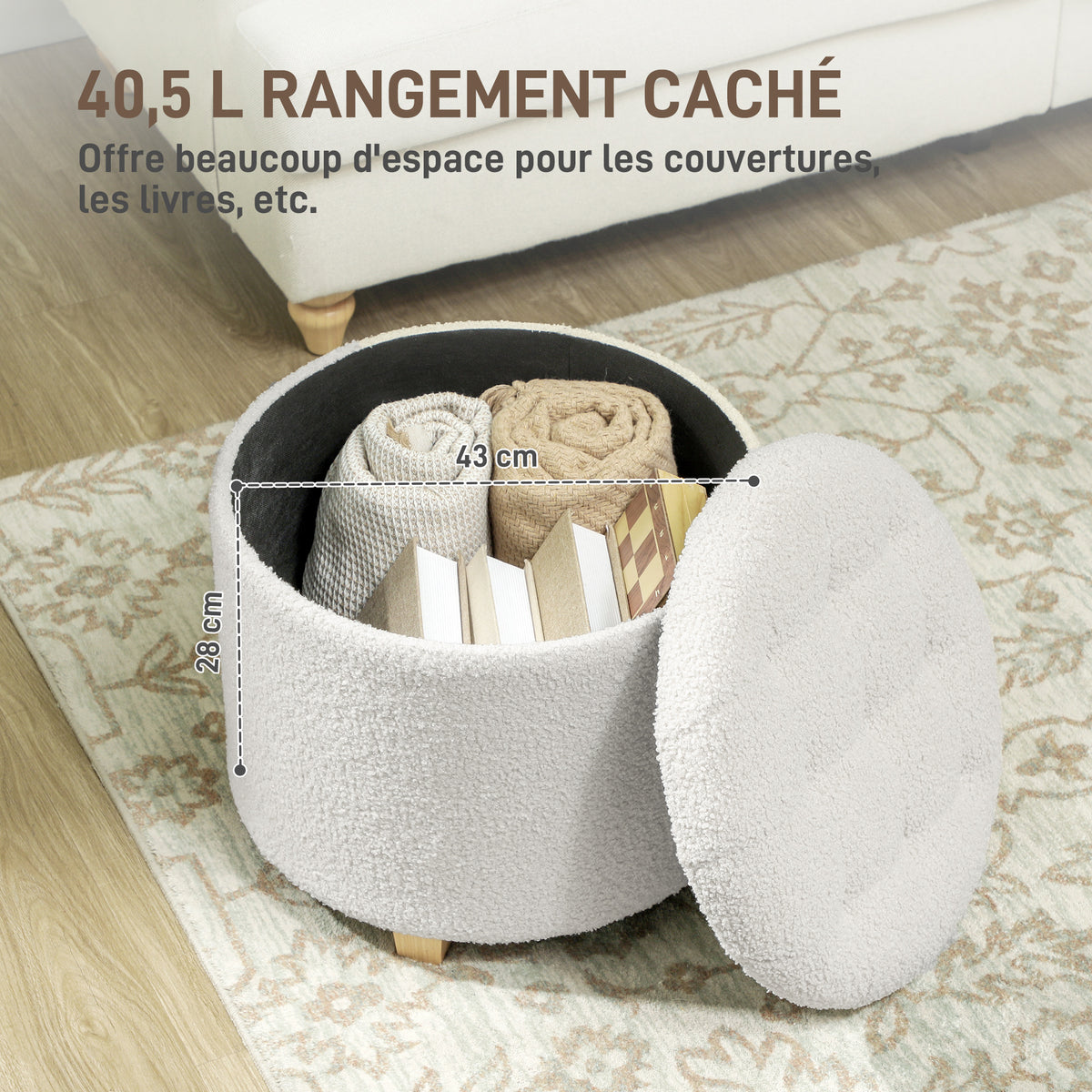 Pouf coffre rangement, tabouret rond, pouf repose-pieds en tissu bouclette, charge 120 Kg, Ø 45 x 41 cm, blanc-3