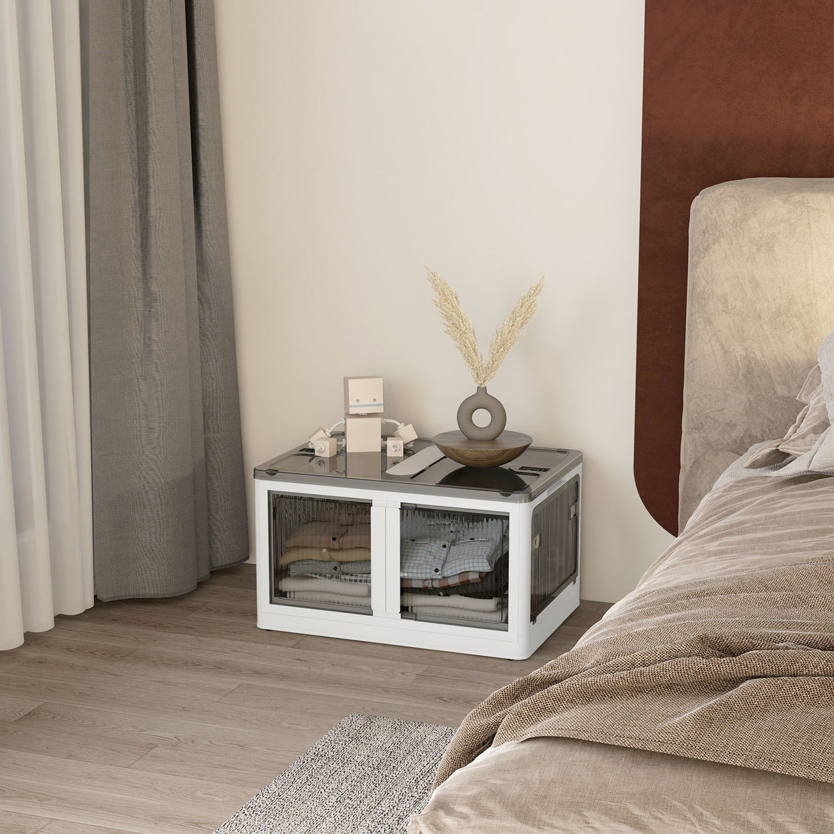 Boîte de rangement pliable et empilable 99L en plastique avec couvercle et 4 roulettes, accès à 5 côtés, blanc-8