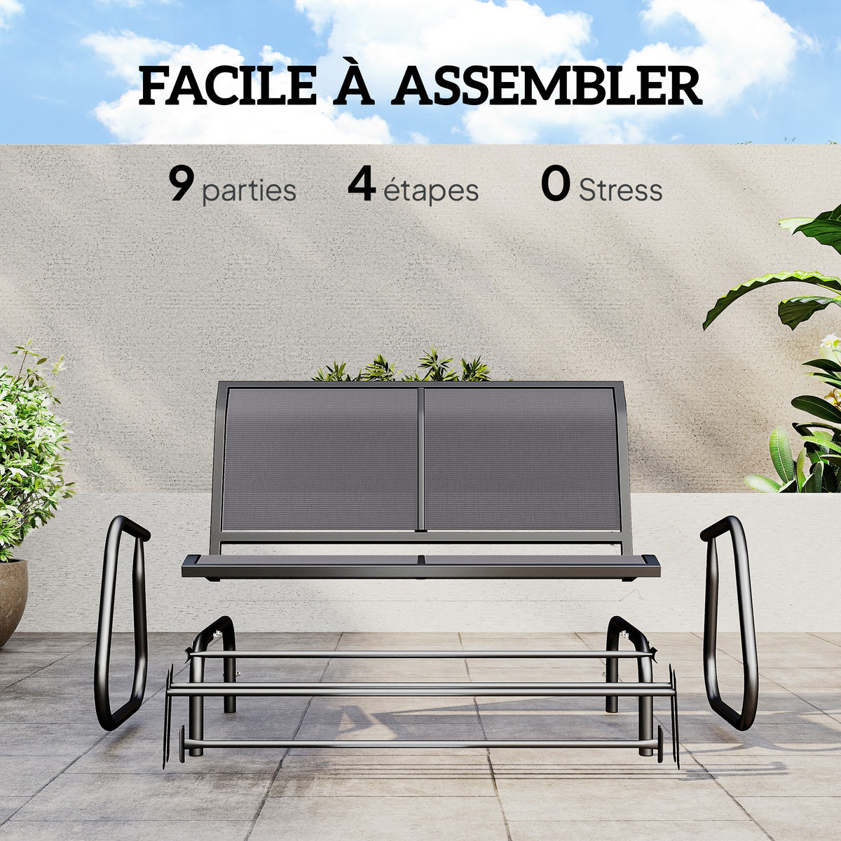 Banc à Bascule de Jardin 2 Places Design Contemporain Grand Confort accoudoirs Assise, Dossier Ergonomique Acier textilène Gris-4