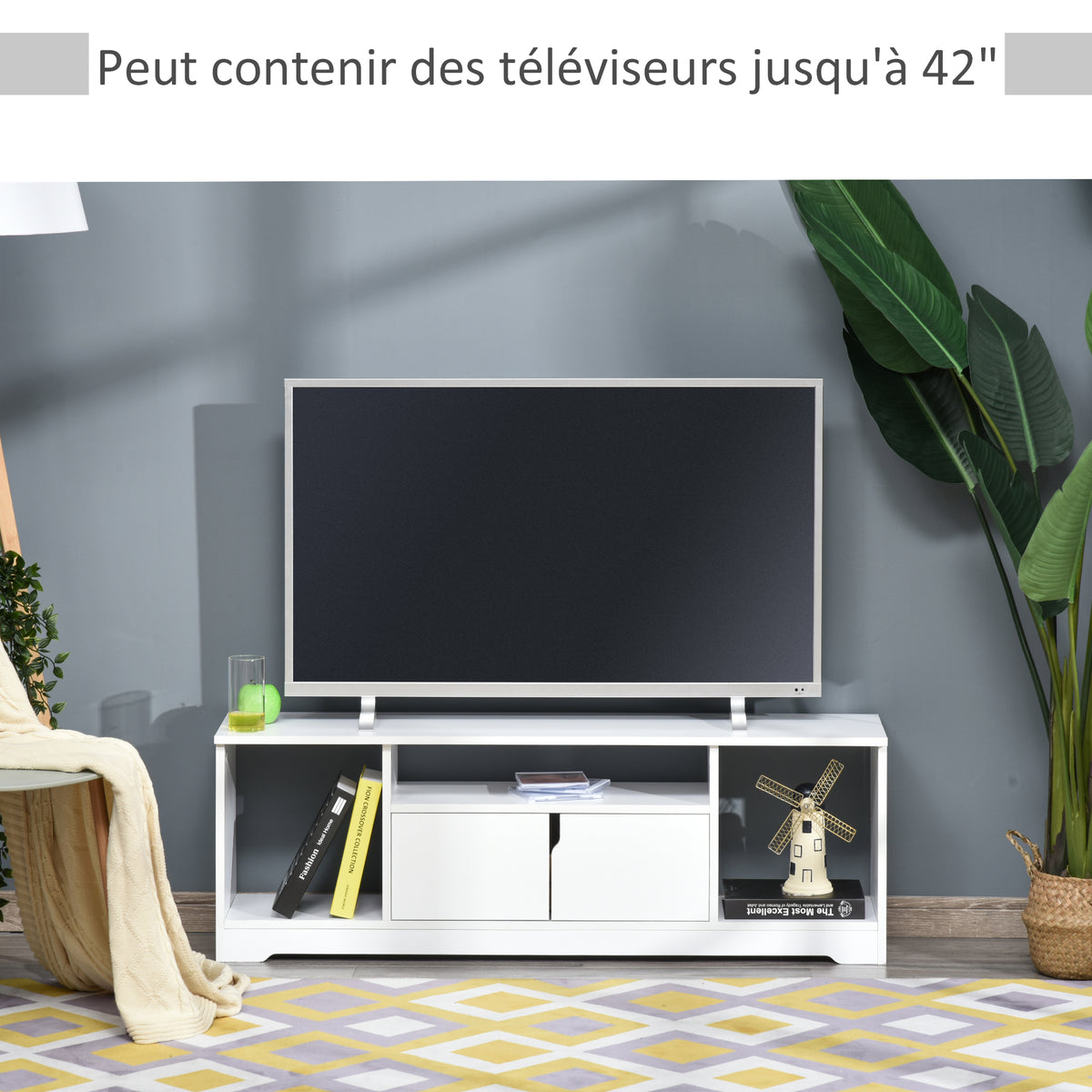 Meuble TV Banc TV Design Contemporain - 3 niches, Placard Double Porte - dim. 120L x 30l x 41H cm - Panneaux Particules Blanc-3