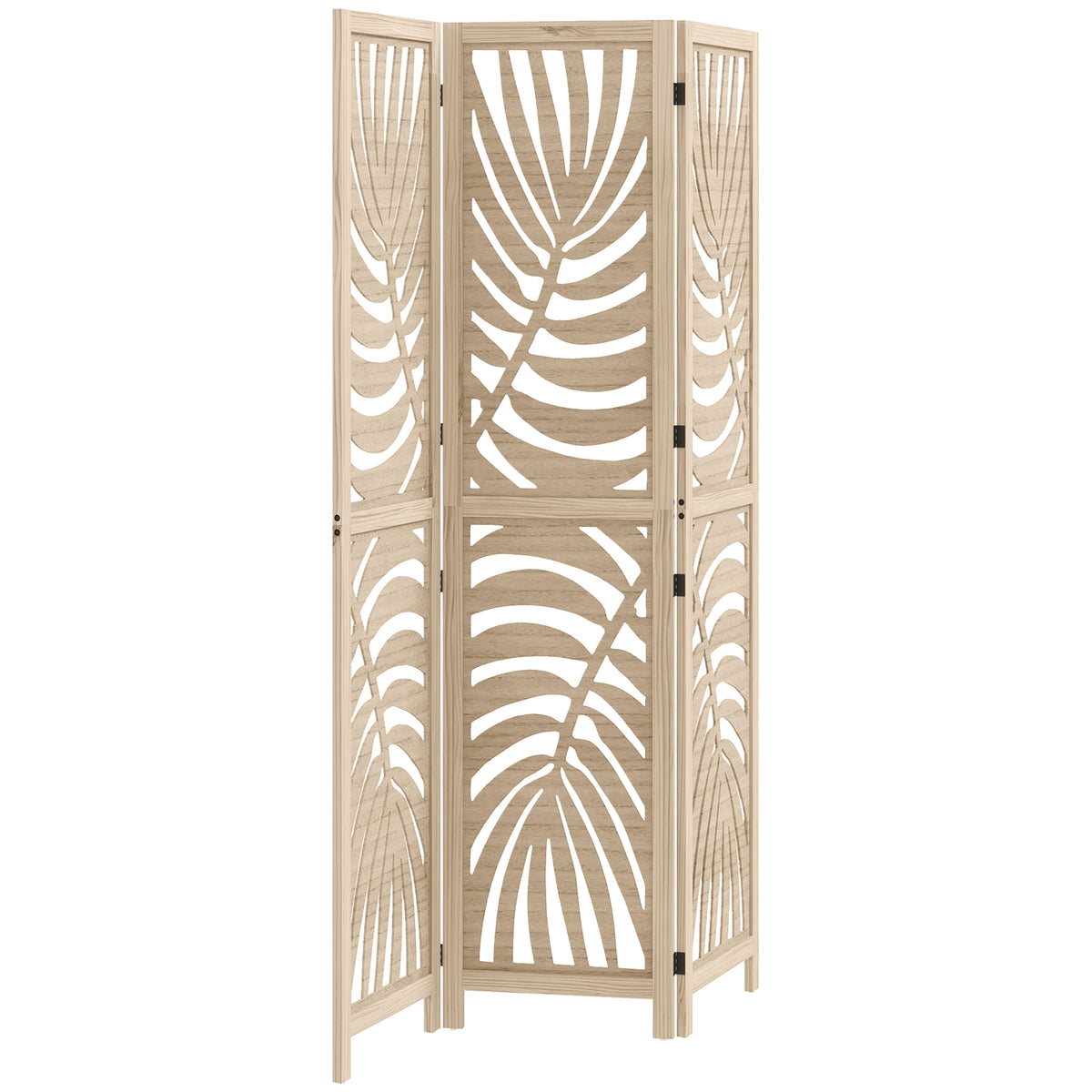 Paravent interieur en bois 3 panneaux 120 x 170 cm, pliable et portable, motif de feuille, design amovible, bois naturel-0