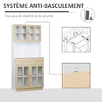 Buffet haut de Cuisine Armoire de Cuisine Multi-Rangement 4 Portes vitrine Verre avec étagère tiroir Coulissant Grand Plateau en Bois Blanc Aspect chêne Clair-6