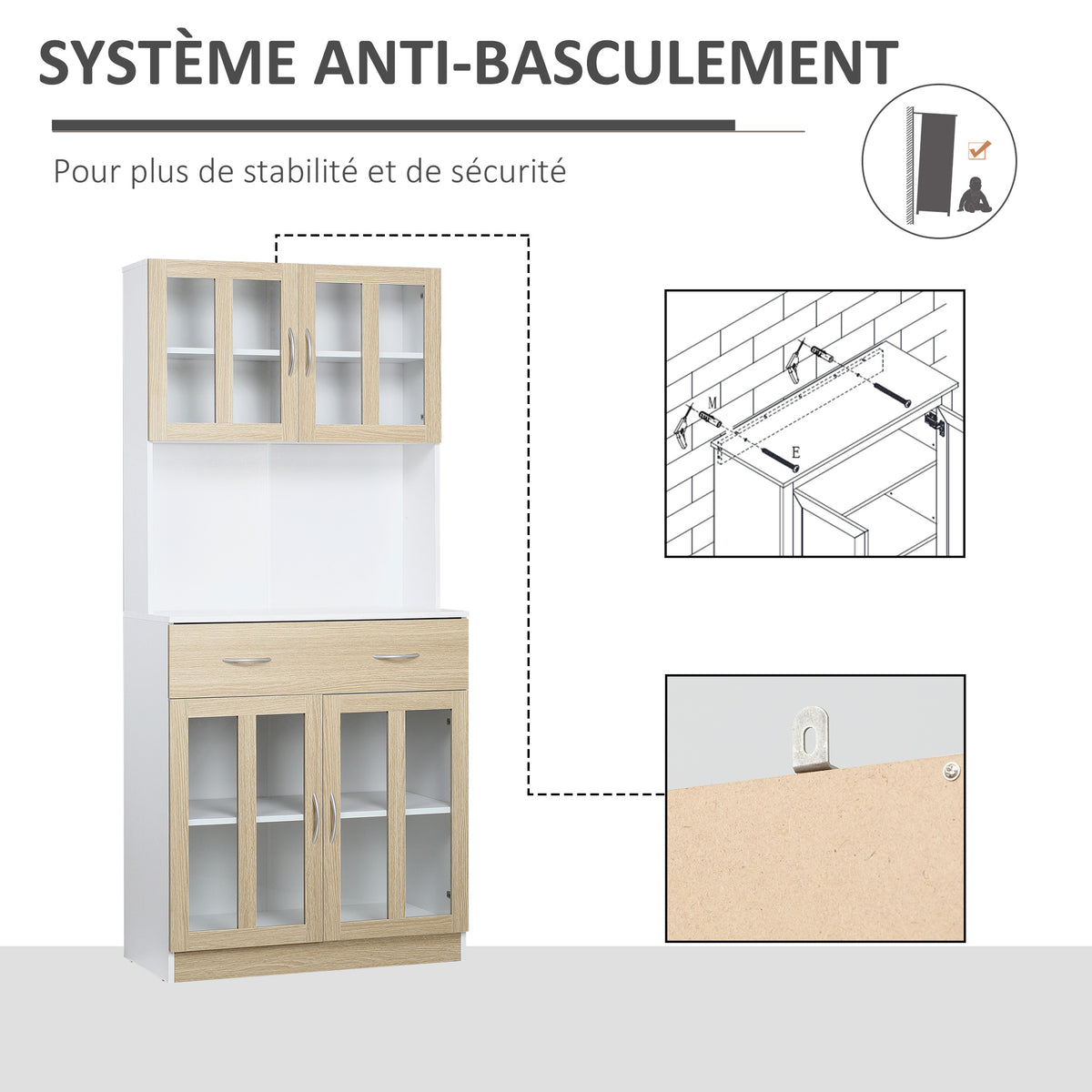 Buffet haut de Cuisine Armoire de Cuisine Multi-Rangement 4 Portes vitrine Verre avec étagère tiroir Coulissant Grand Plateau en Bois Blanc Aspect chêne Clair-6