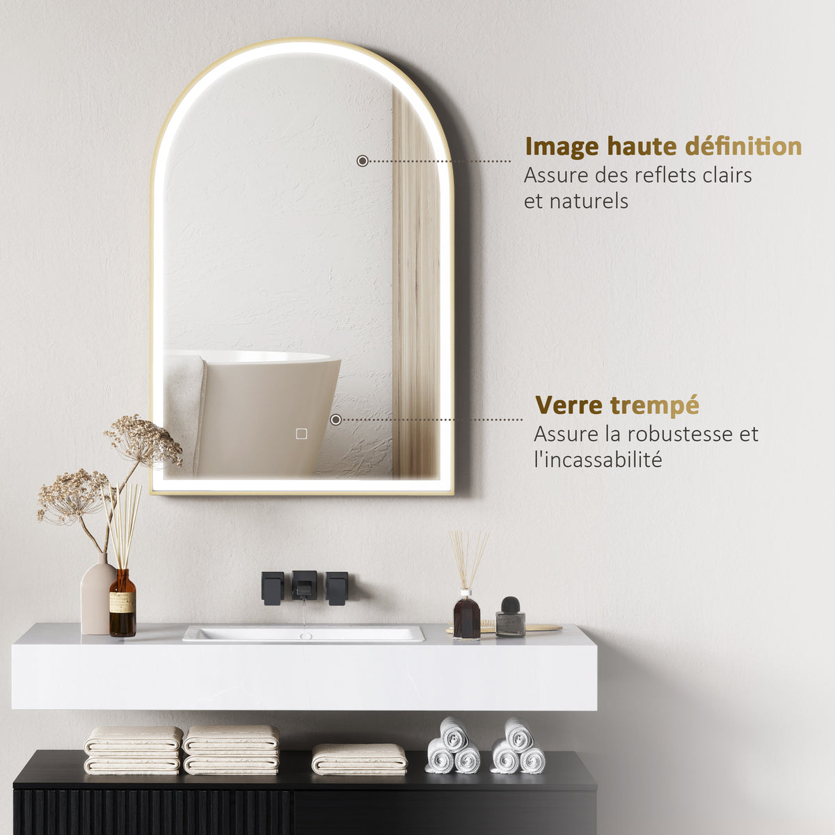 Miroir de salle de bain LED 90 x 60cm, mural, 3 couleurs, arqué cadre en aluminium, désembuage et interrupteur tactile-5