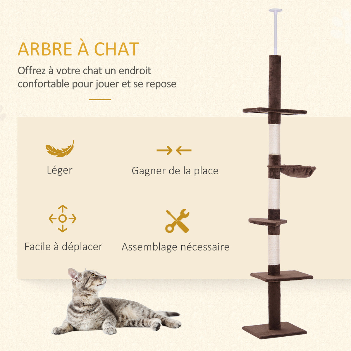 Arbre chat du sol au plafond poteau à griffer L40 x l 34 x H 230-260 cm 5 niveaux d'activités marron-3