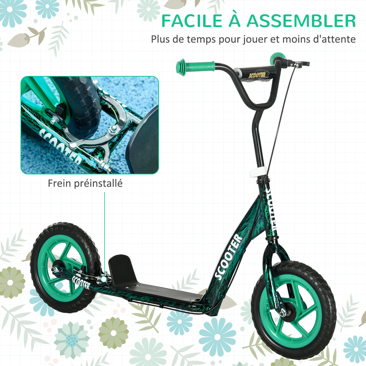 Trottinette patinette scooter enfant grandes roues de 6 à 12 ans hauteur réglable frein arrière béquille vert-4