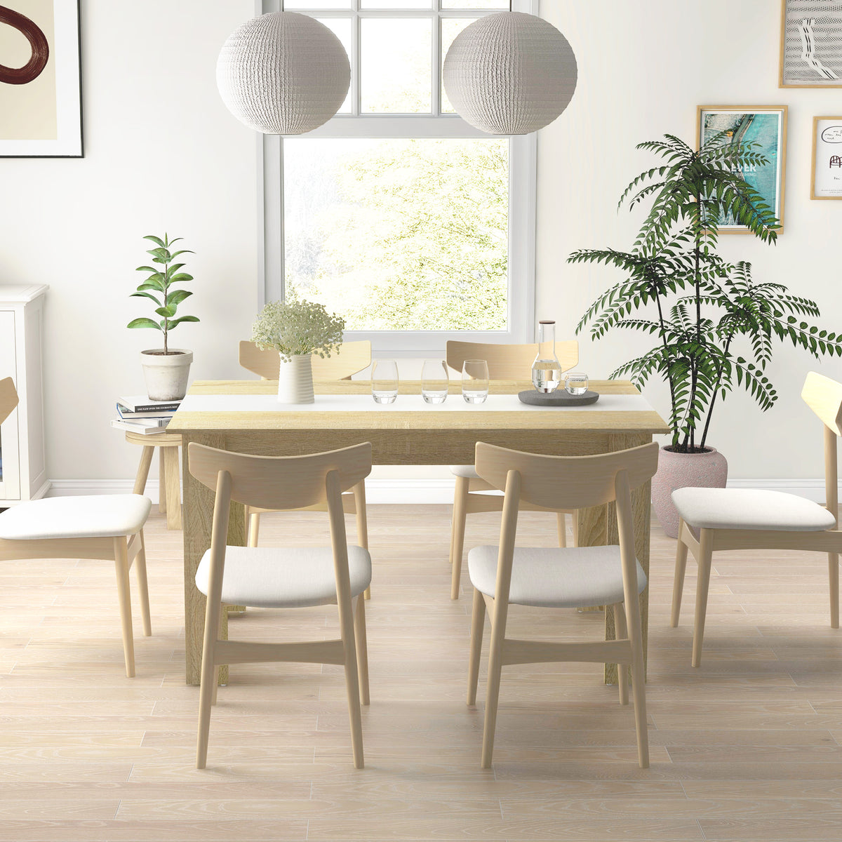 Table de salle à manger pour 6 personnes en bois aspect naturel et blanc, dim. 140L x 90l x 75H cm-6