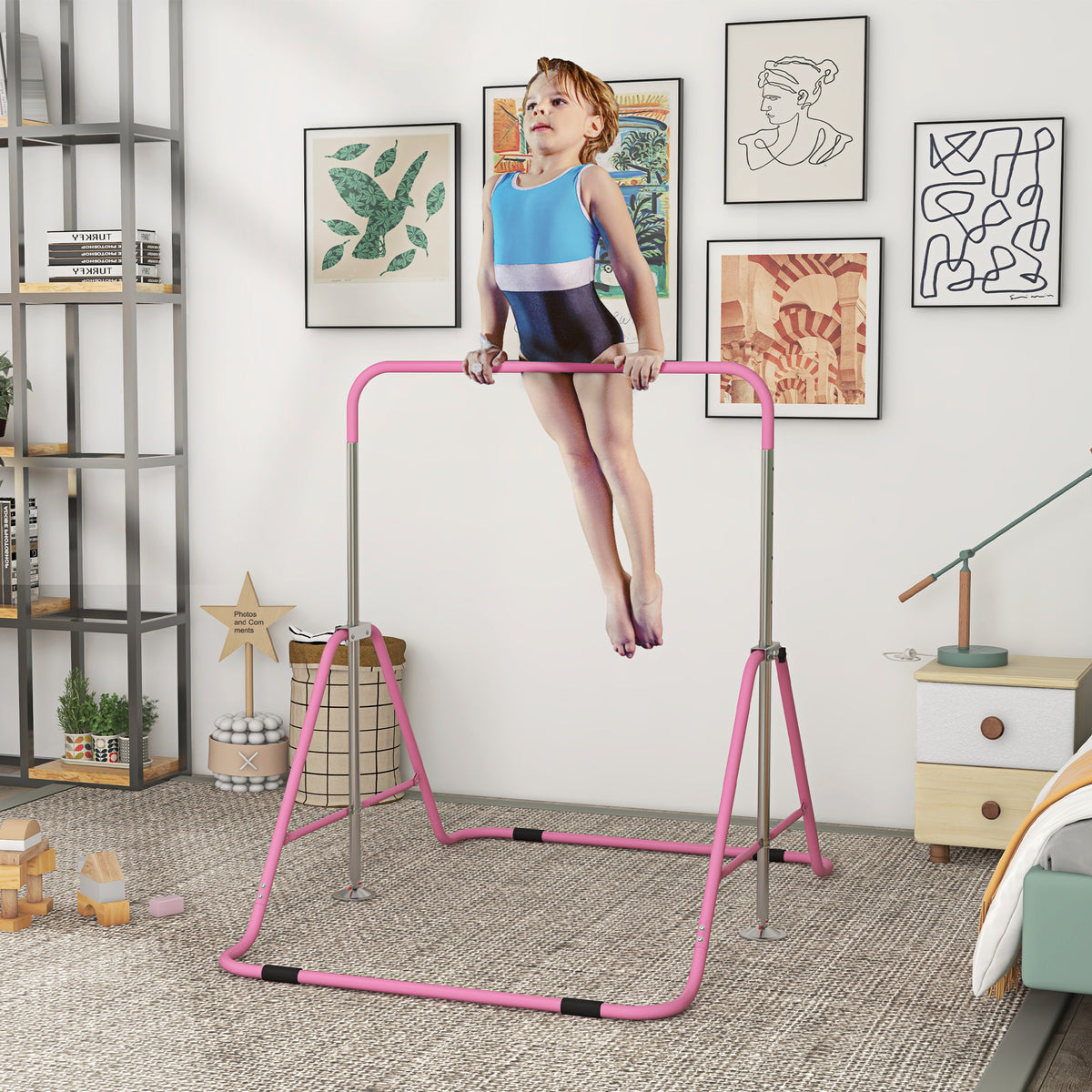 Barre fixe de gymnastique pour enfants pliante hauteur réglable de 88 à 128 cm rose-1