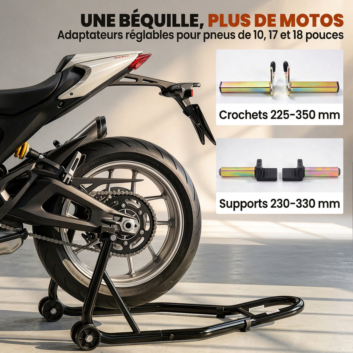 Support béquille de moto arrière support de roue lève moto arrière sur roulettes avec bobine de bras oscillant U, noir-3