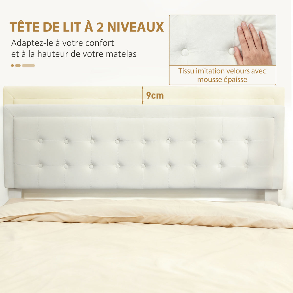 Cadre de lit double sommier coffre à vérins, tiroir à roulettes, tête de lit réglable capitonnée effet velours, crème-4