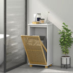 Meuble salle de bain avec panier à linge, porte à lattes en bambou et sac amovible, blanc et effet bois naturel-8