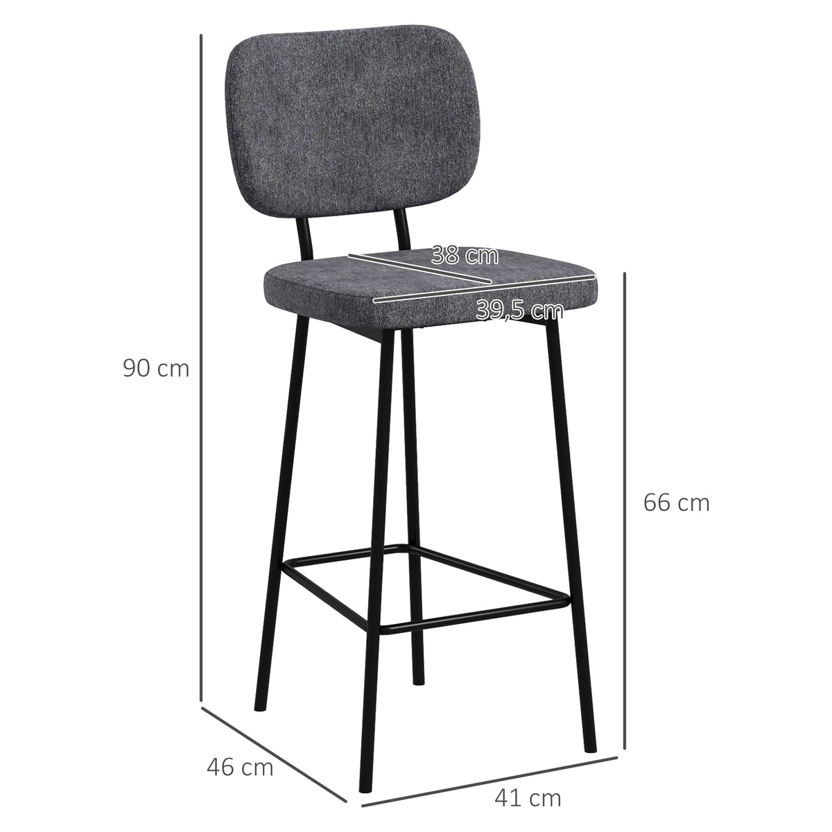 Lot de 2 tabourets de bar chaises hautes chaises de cuisine avec repose-pieds et dossier en tissu de lin et acier-2