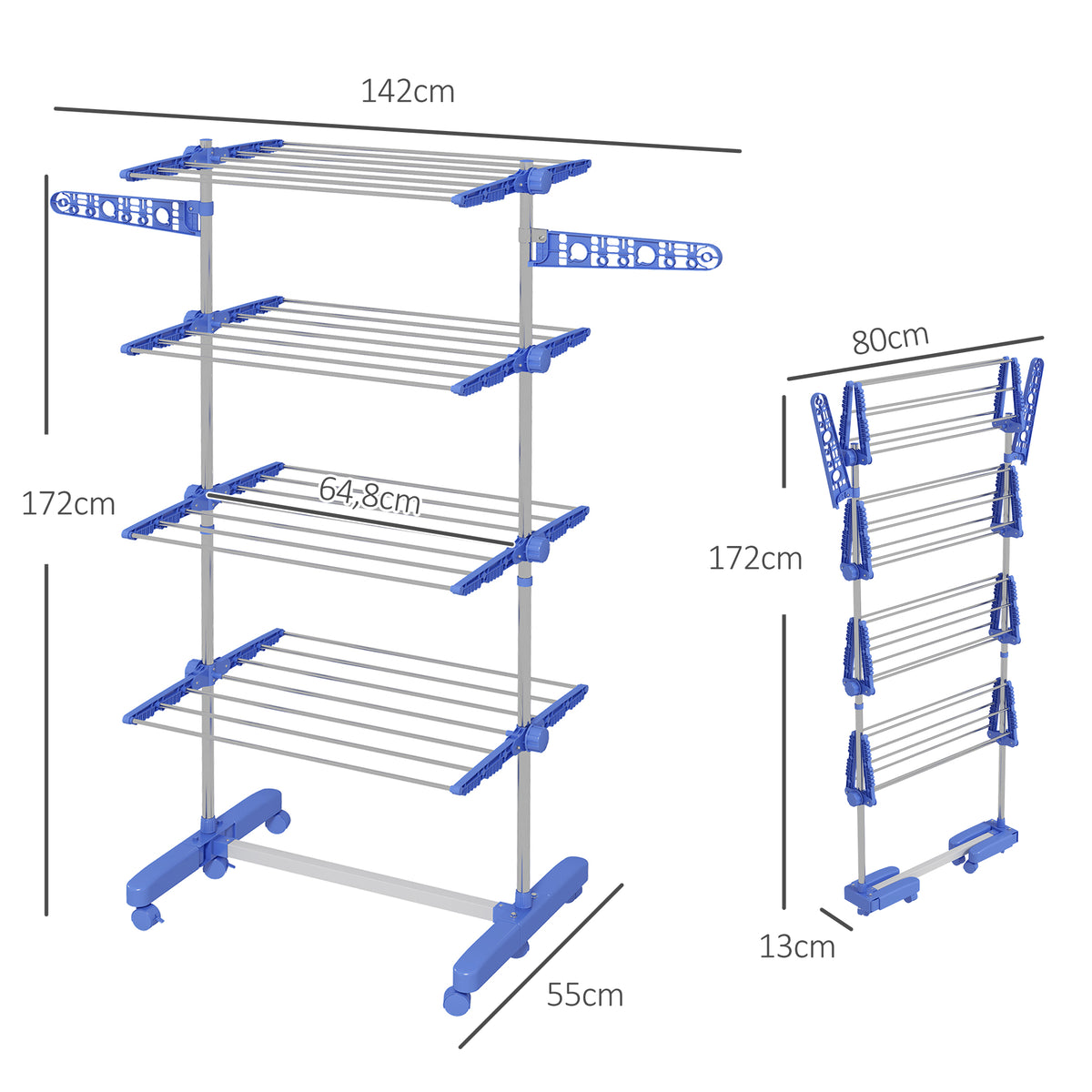 Séchoir à Linge étendoir pliable ailes latérales utilisation intérieure et extérieure 142 x 55 x 172 cm 4 niveaux bleu-2