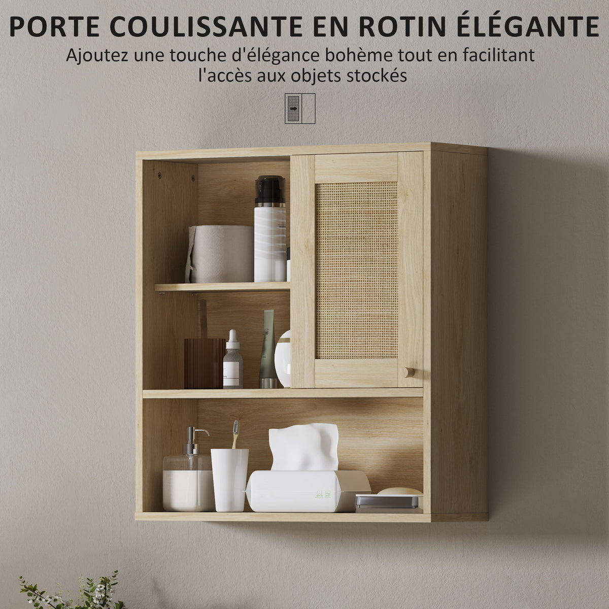 Armoire murale, meuble haut salle de bain avec porte coulissante en rotin et étagères ouvertes, bois naturel-3