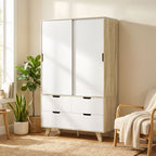 Armoire Chambre Penderie, 2 Portes Coulissantes, 4 Tiroirs, Barre de Suspension, Étagères Réglables, Chêne et Blanc-1
