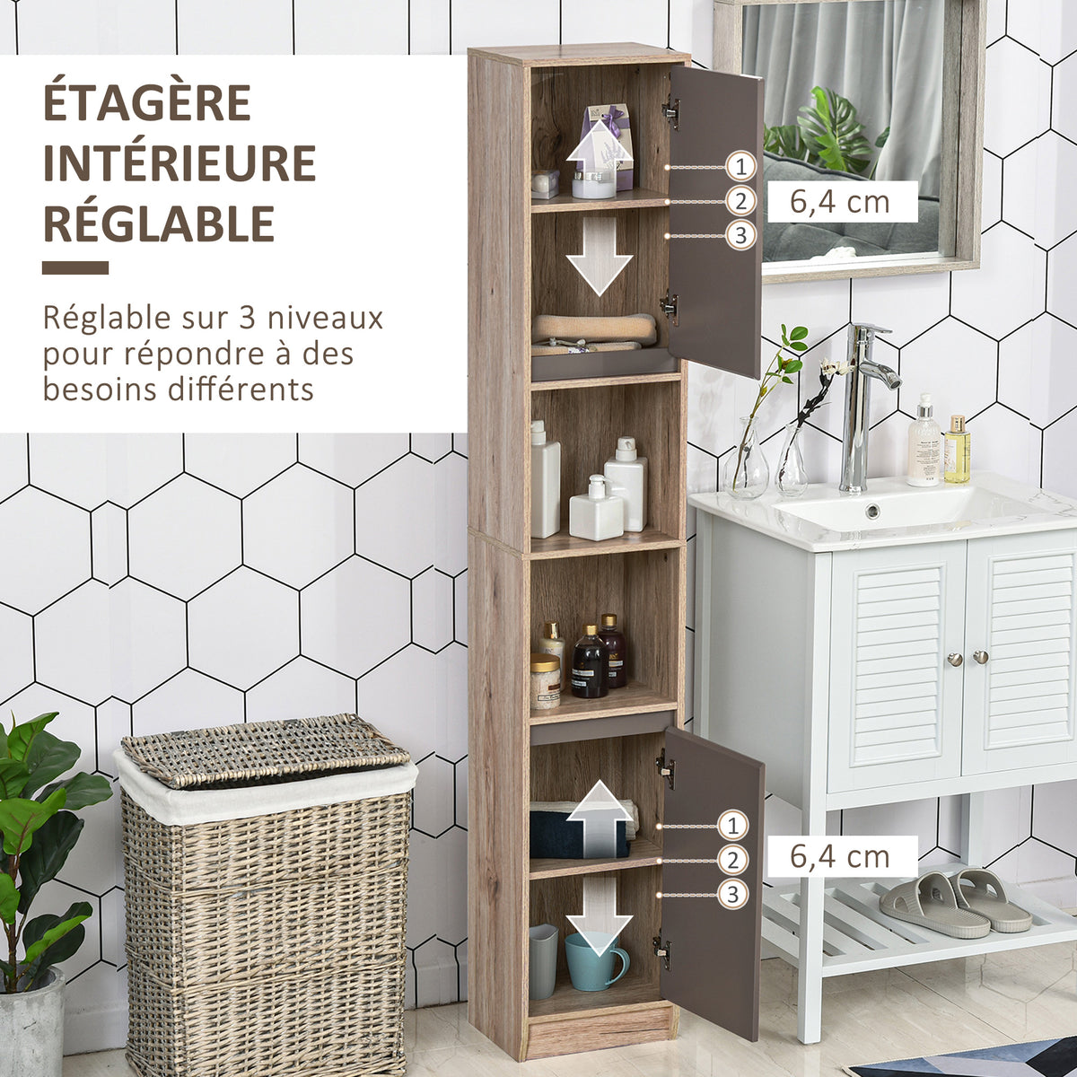 Ensemble de Meuble sous lavabo, armoire avec miroir et meuble colonne pour salle de bain en bois chêne Clair Gris-6