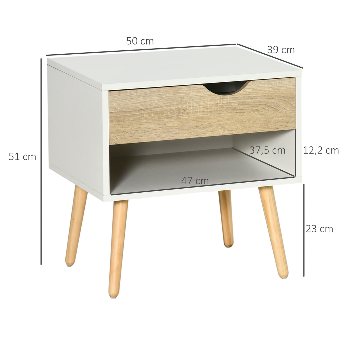Table de chevet, table de nuit, avec tiroir, design moderne, pieds en bois massif, 50 x 39 x 51 cm, blanc et bois naturel-2