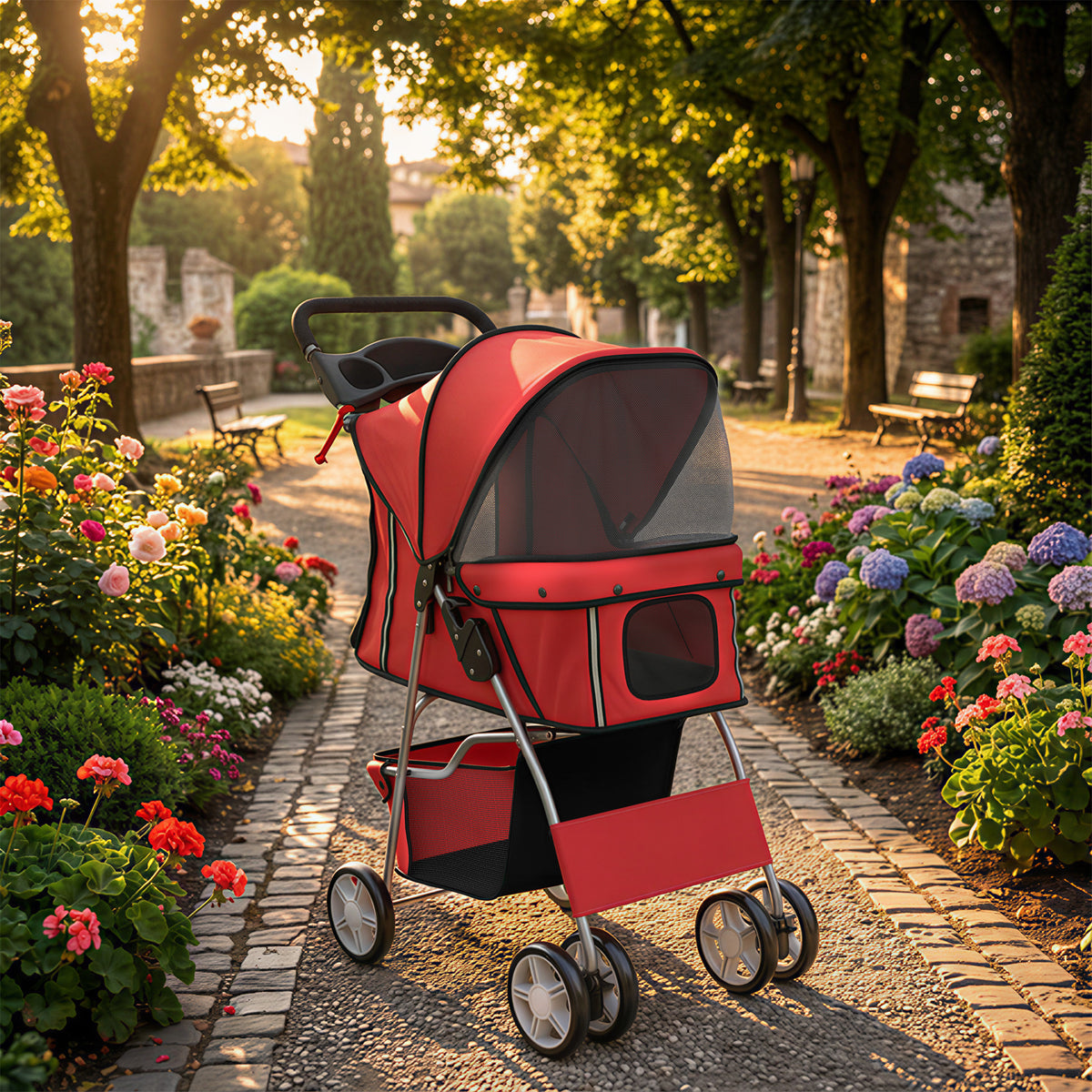 Poussette buggy pliable animaux chariot pliante chien chat porte-gobelet panier de rangement 75 x 45 x 97 cm rouge-1
