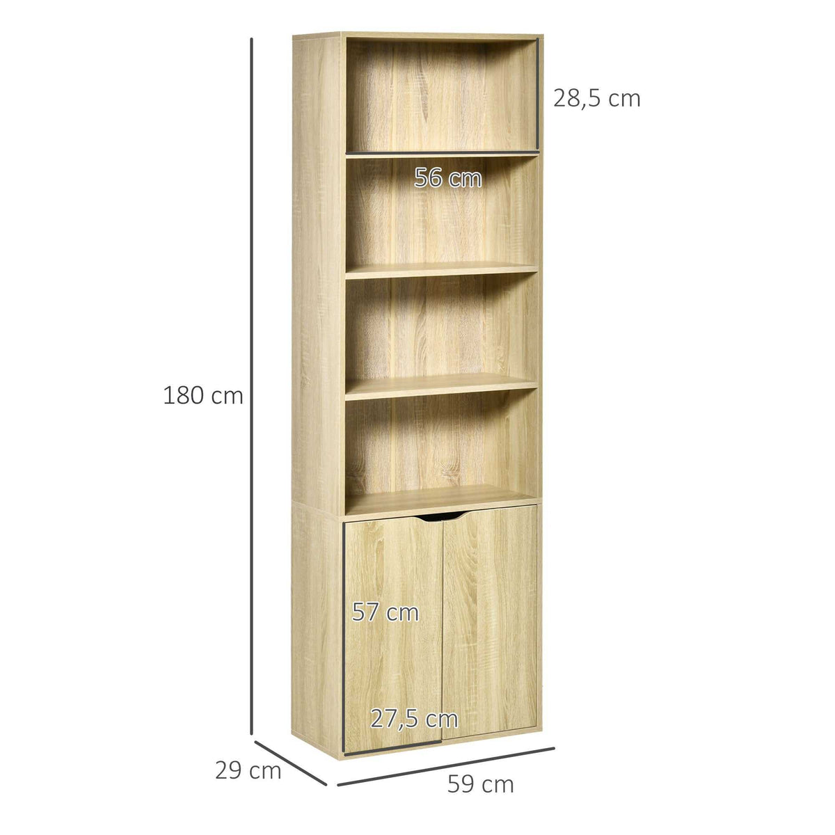 Bibliothèque Armoire à livres avec 4 compartiments ouverts et 2 portes pour le salon et le bureau 59x29x180 cm Bois naturel-2