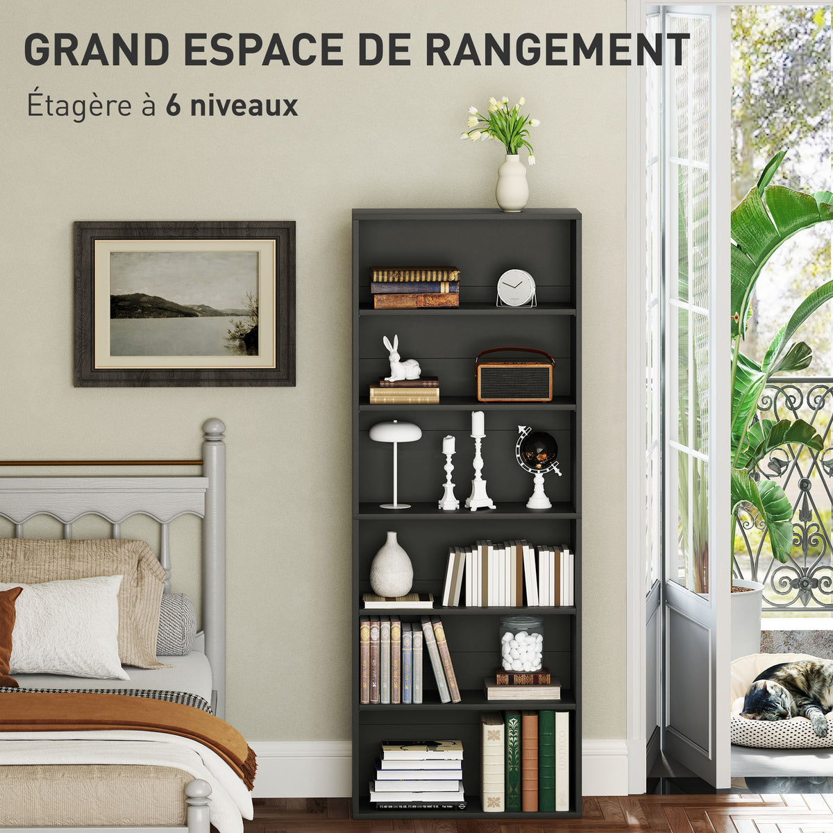 Bibliothèque étagère de rangement 6 niveaux avec étagères réglables pour salon, chambre, bureau, 60x24x158,5cm, noir-3