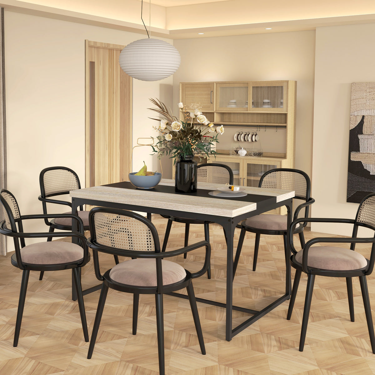 Table de salle à manger pour 6 personnes, style industriel en métal noir et bois, dim. 120L x 89l x 75,5H cm-1