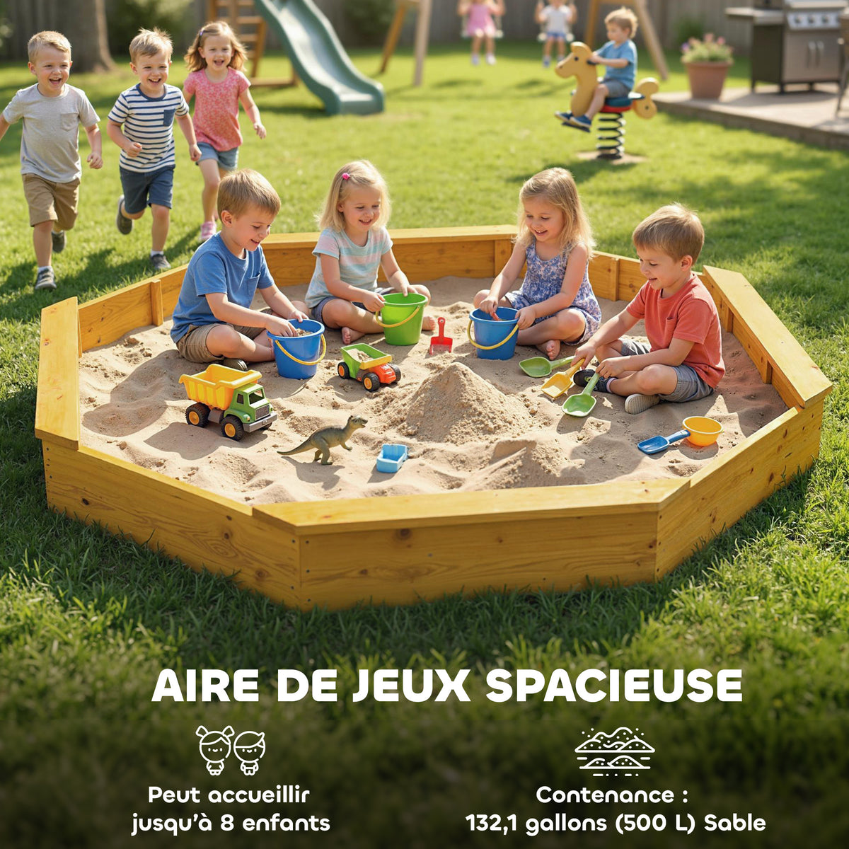 Bac à sable en bois avec auvent, bac à sable enfant extérieur avec 4 bancs, doublure de fond, jaune-3