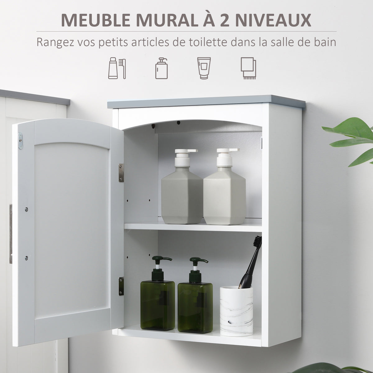 Meuble wc suspendu armoire à pharmacie murale armoire salle de bain rangement avec porte et étagère réglable - 41 x 18,5 x 52 cm - MDF - blanc-3