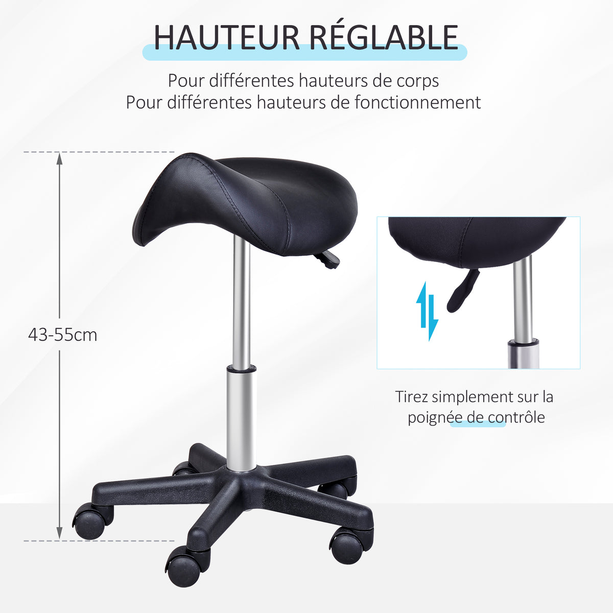 Tabouret à roulettes, tabouret de massage avec hauteur réglable 43-55 cm et selle ergonomique, chaise de travail à roulettes pivotant 360°, pour salon de massage, tatouage, clinique, spa, noir-3