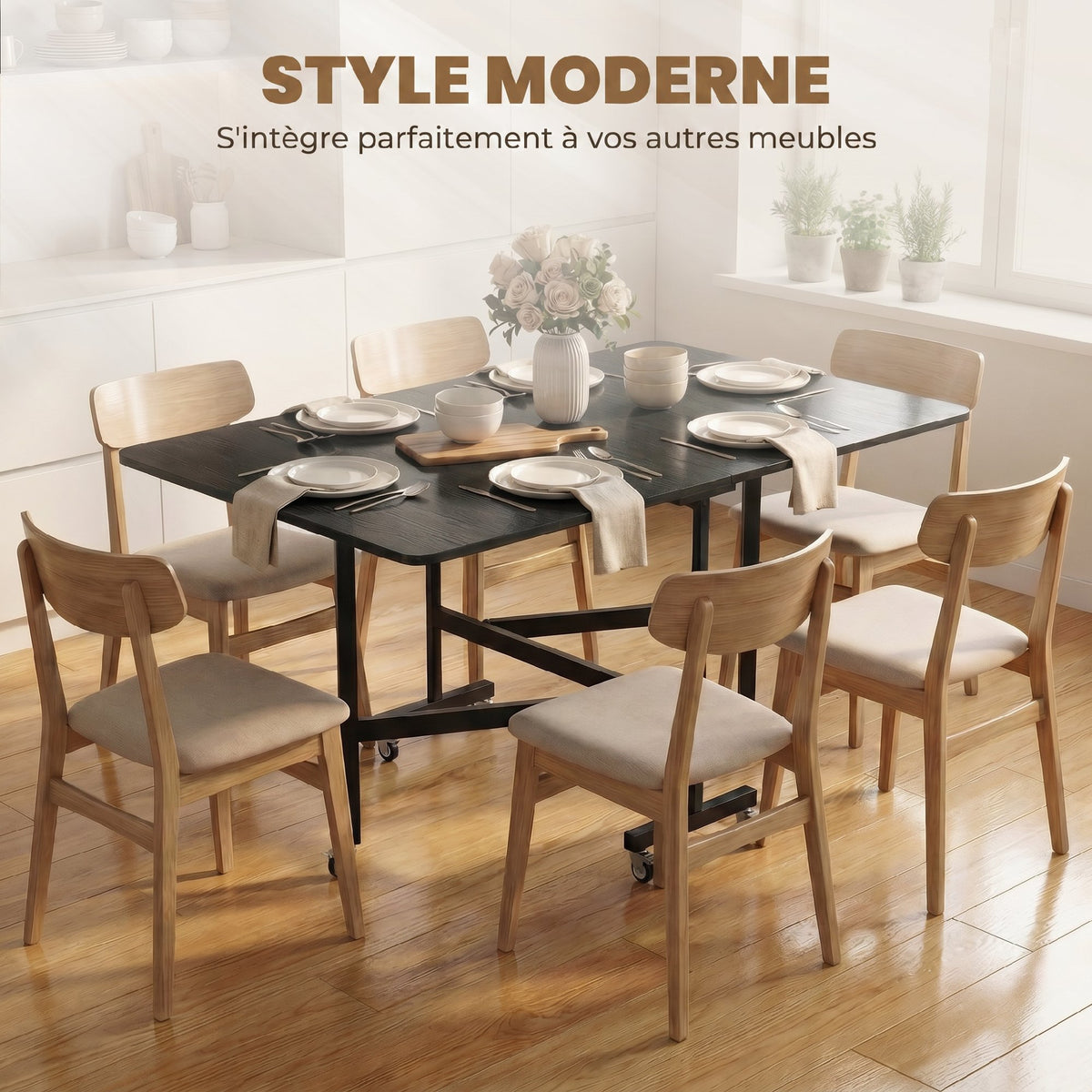 Table à Manger Pliante sur Roulettes pour 4-6 Personnes 120 cm, Roues avec Freins, 2 Abattants, Industriel, Noir-3