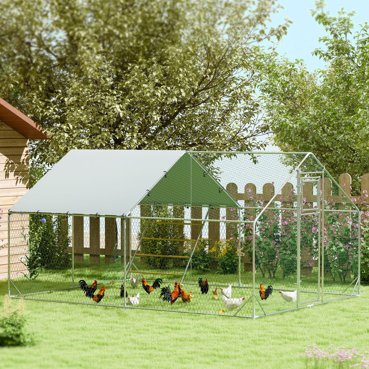 Enclos poulailler extérieur parc grillagé 12 m² avec perchoir et mangeoire acier galvanisé Ø25mm 300x400x195cm argent-1